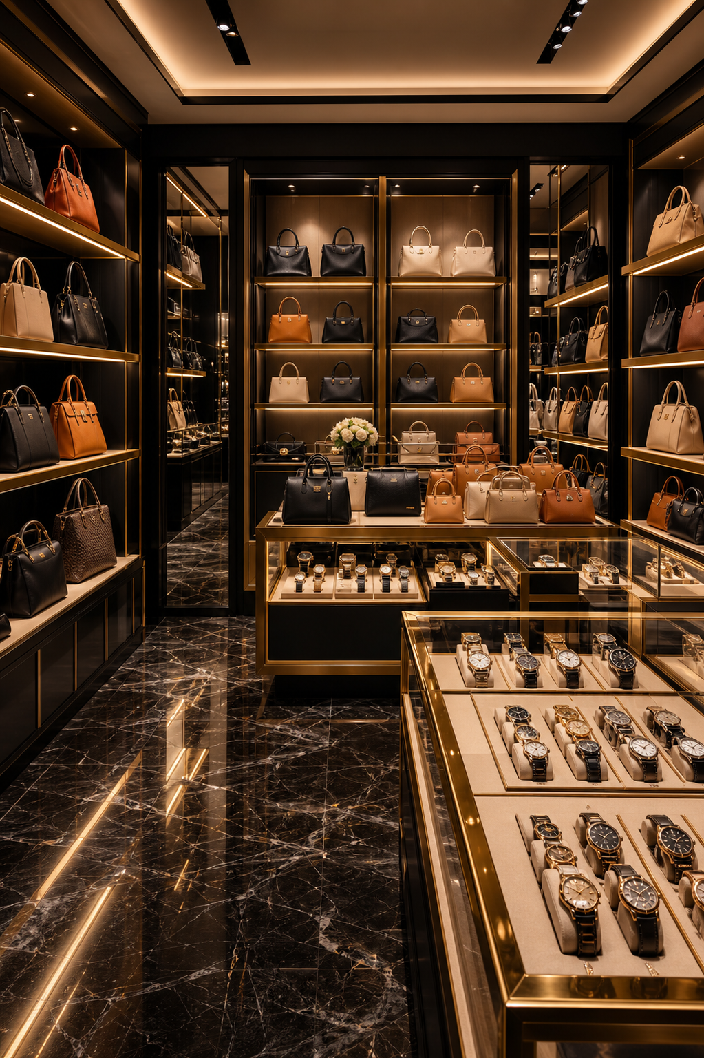 Luxury boutique interior with handbags and watches